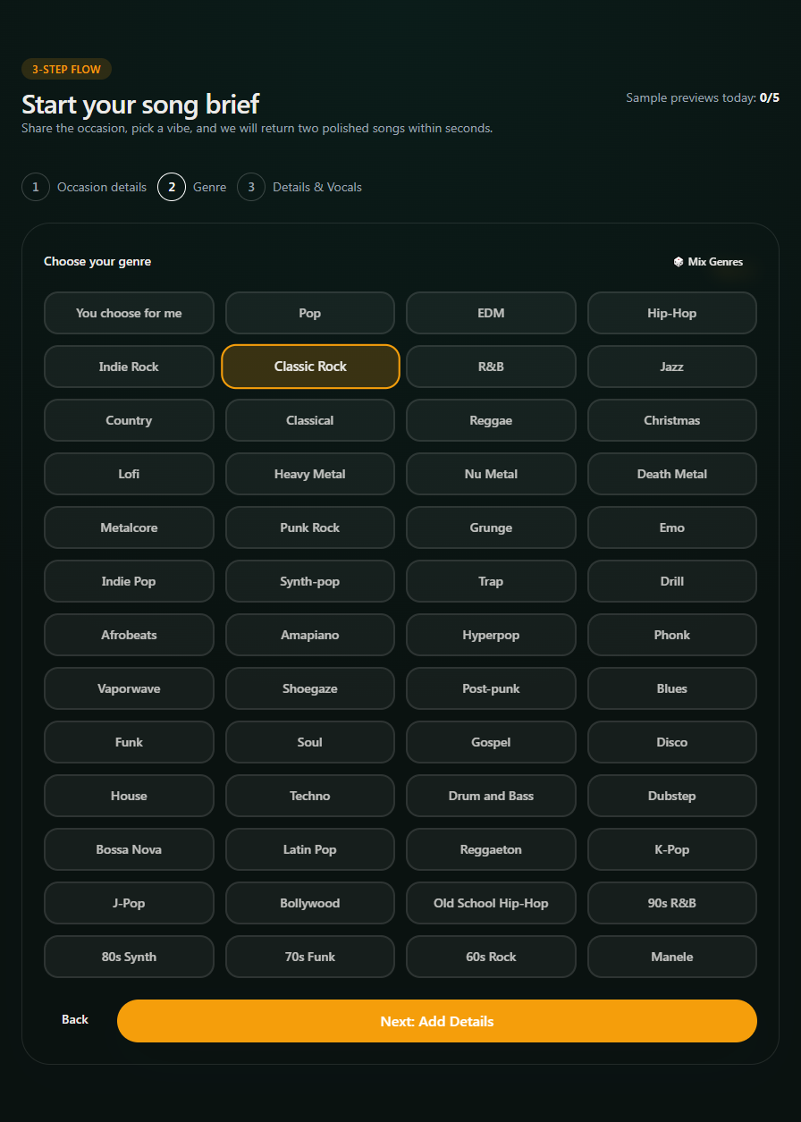 Screenshot of genre selection for a Father's Day song in the Songilingy create flow.