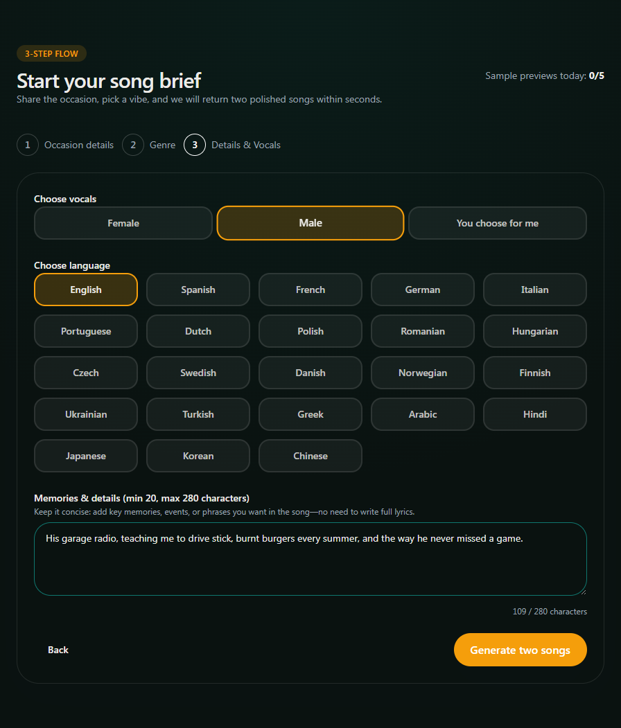 Screenshot of vocals, language, and memory details for a Father's Day song.