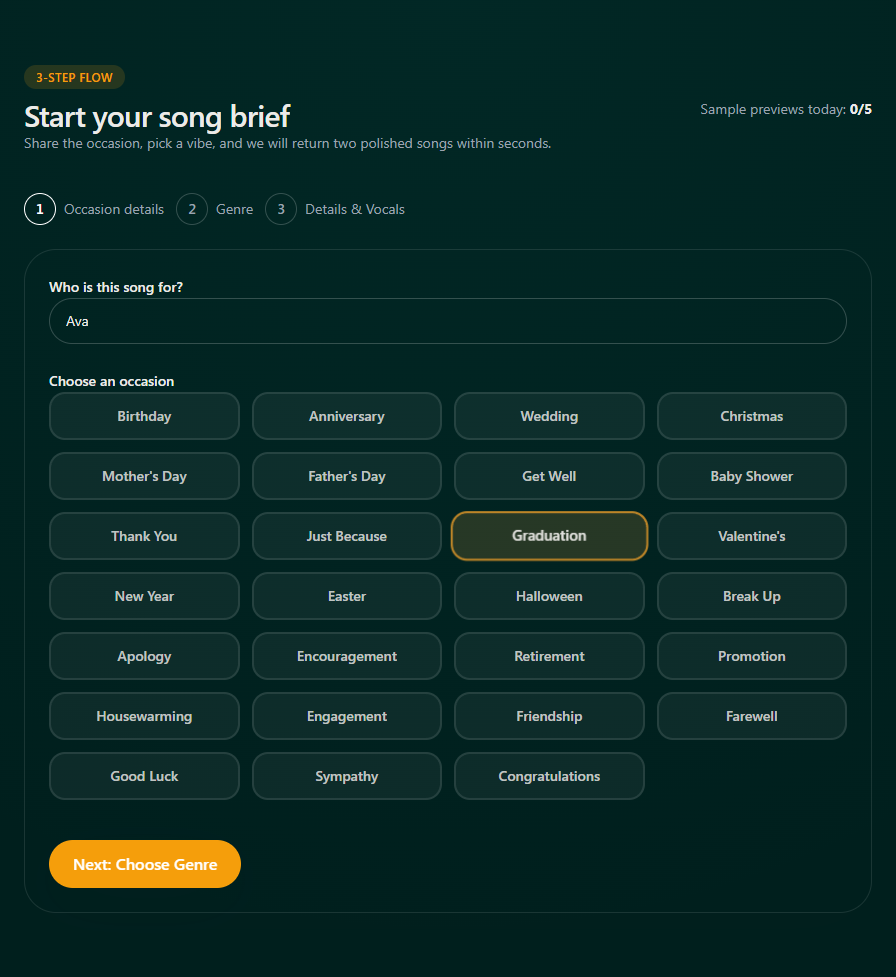 Selecting recipient name and graduation occasion in the Songilingy flow