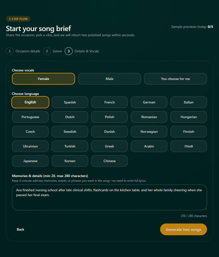 Choosing vocals, language, and graduation details in the Songilingy flow