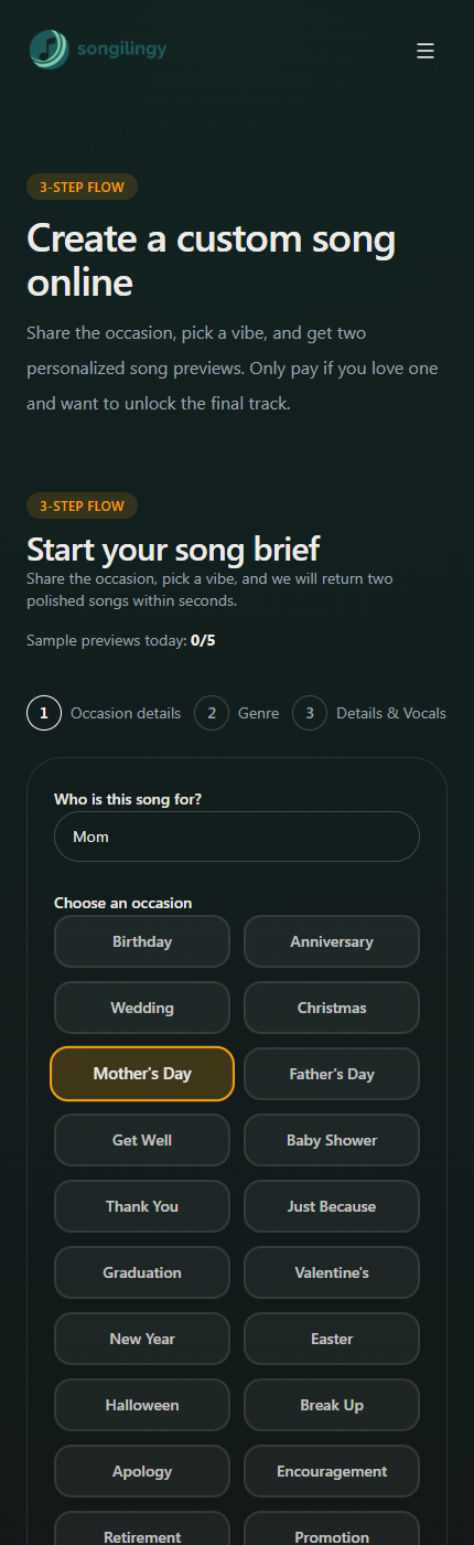 Screenshot of recipient name and Mother's Day occasion selection in the Songilingy create flow.