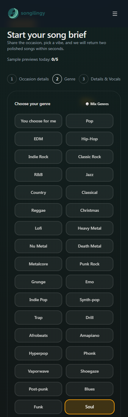 Screenshot of genre selection for a Mother's Day song in the Songilingy create flow.