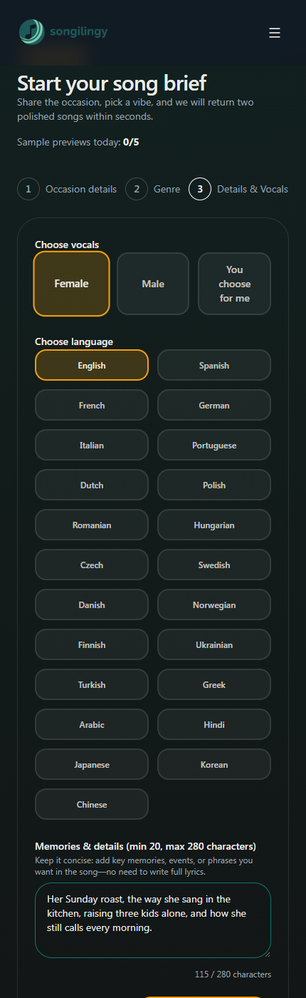 Screenshot of vocals, language, and memory details for a Mother's Day song.