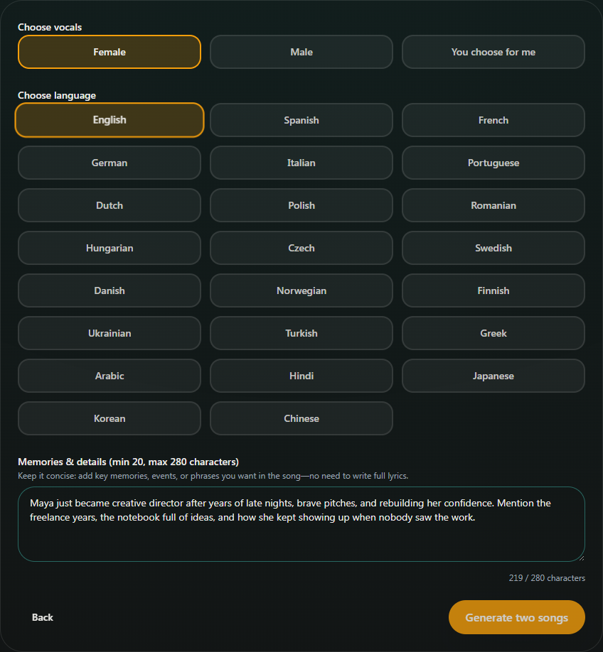 Choosing vocals, language, and promotion details in the Songilingy public song flow