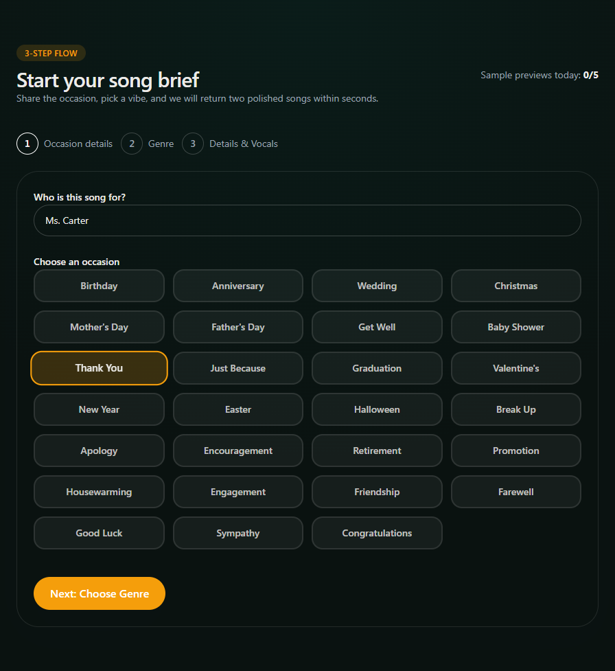Step one of the guided flow with recipient name and reason for thanks