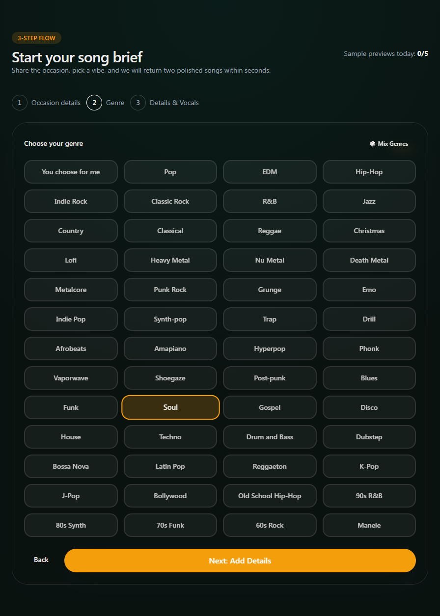 Step two of the guided flow choosing genre and language for the song