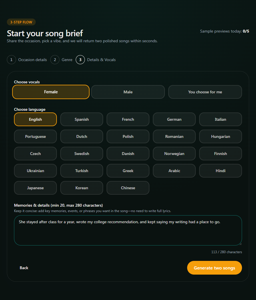 Step three of the guided flow with vocals selection and personal details