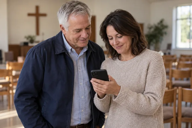 A pastor and a church member listening together on a phone after a service, illustrating a personalized song gift