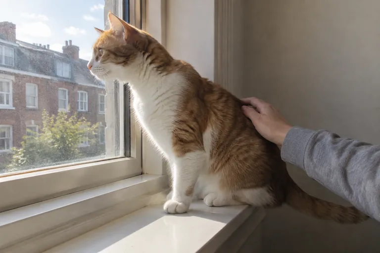 A tabby cat resting in a sunny window with its owner's hand on its back