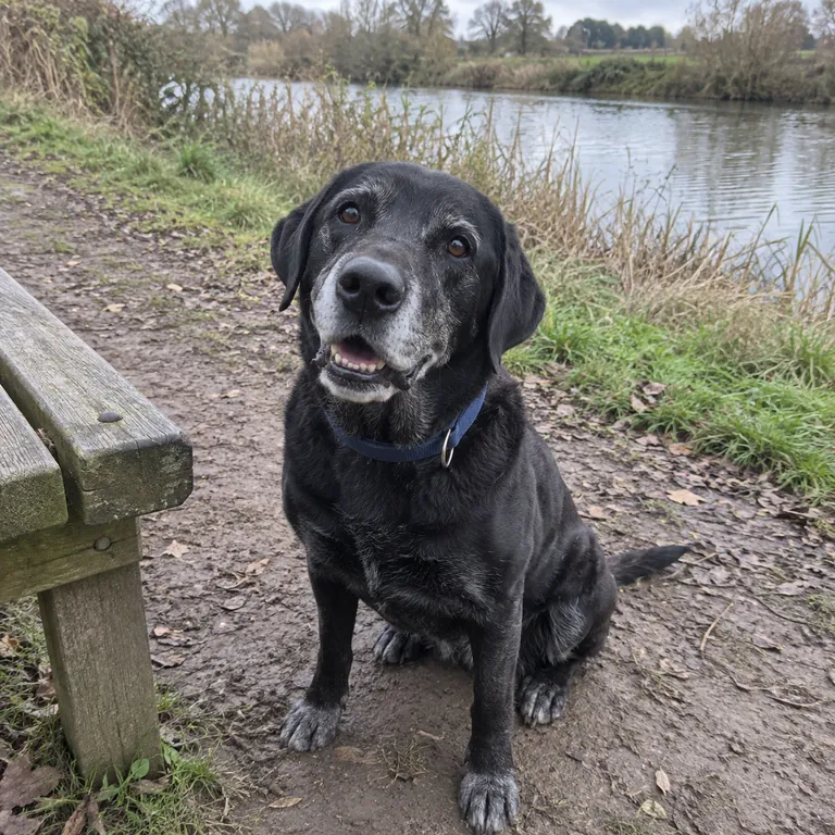 An older black Labrador sitting near a riverside bench