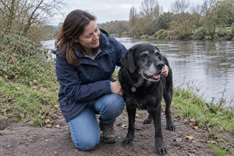 A woman crouching beside her older black Labrador on a riverside walk
