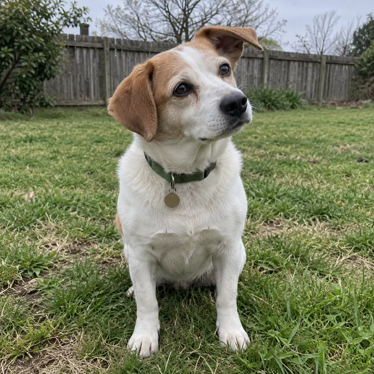 A small white-and-tan dog resting on grass in an ordinary garden