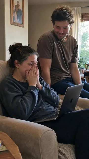 A woman covers her mouth on the sofa while her partner holds a laptop, a real customer reaction