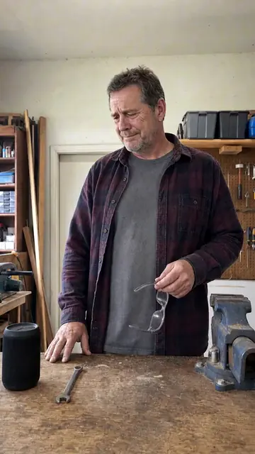 A man at a workbench listens, moved, a real customer reaction