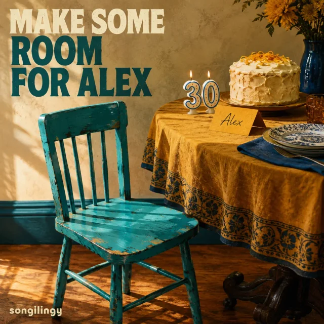A teal chair at a birthday table with a homemade cake, number 30 candles and Alex’s place card