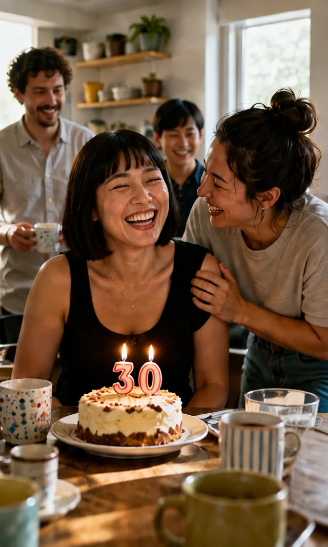 Alex celebrating her thirtieth birthday with her sister and friends, an illustration of the sample song