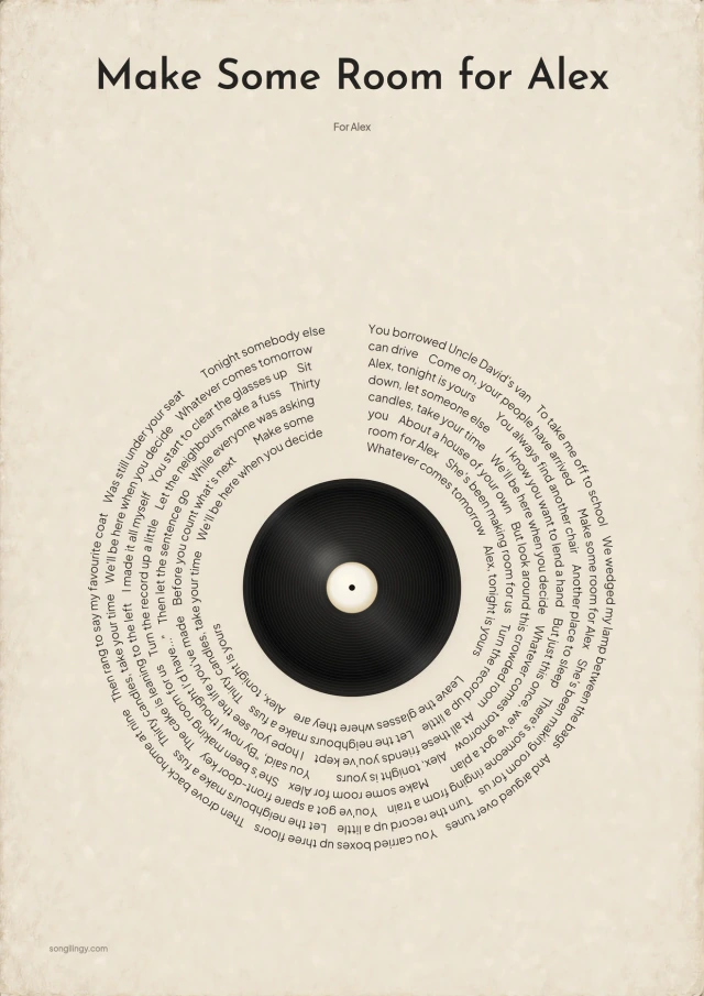 Make Some Room for Alex lyrics in a vinyl-record design made by Songilingy's print designer