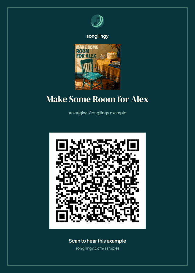 Printable Songilingy QR card opening the Make Some Room for Alex song example
