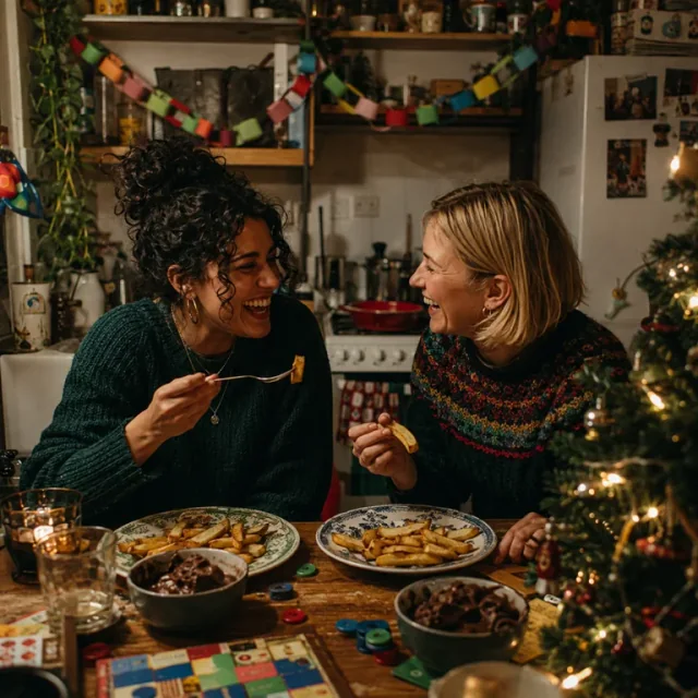 Two friends eating oven chips under homemade Christmas paper chains