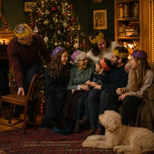 A family laughing together in paper crowns beside their Christmas tree