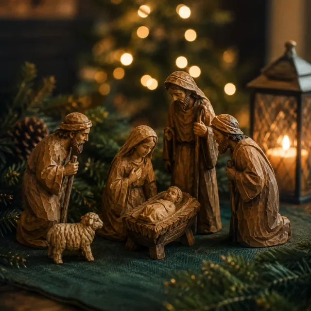 A carved wooden Nativity set with shepherds beside warm Christmas lights