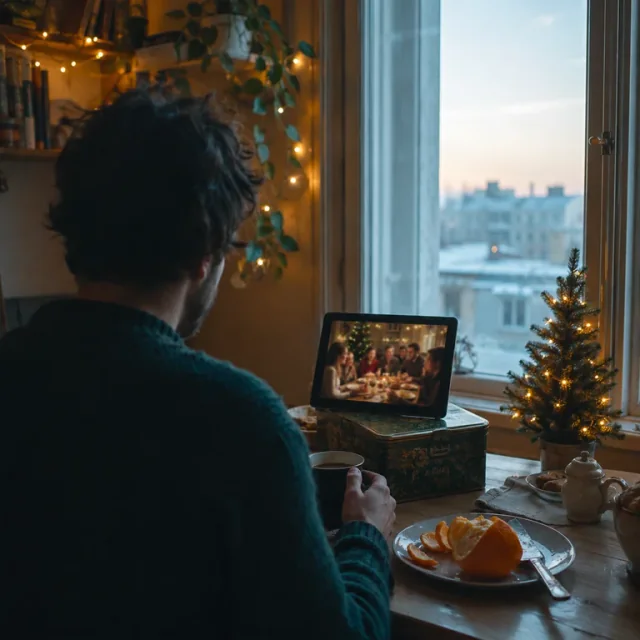 A man having breakfast while his family shares Christmas dinner over a video call