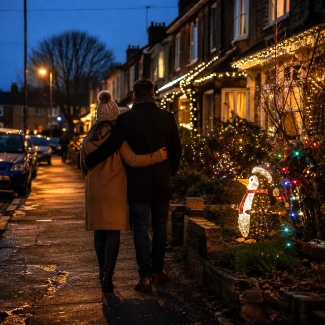 A couple walking beside Christmas lights and a glowing penguin in a front garden