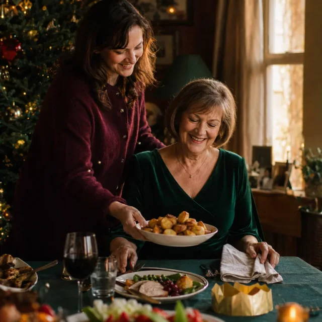 A daughter serving roast potatoes to her mum at the Christmas table