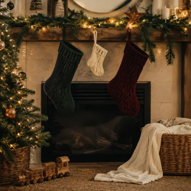 A tiny cream baby stocking hanging between two larger Christmas stockings