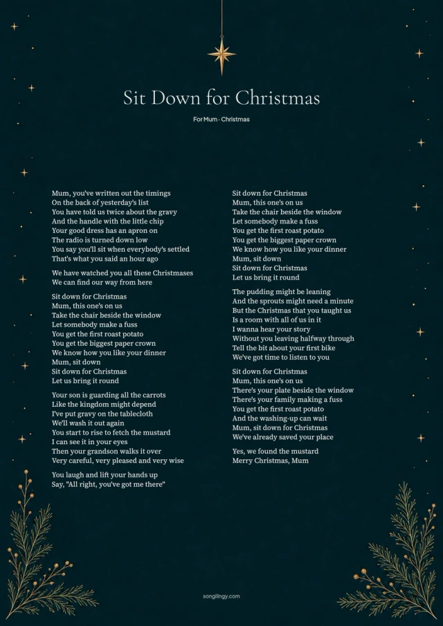 Christmas song lyrics in cream on deep teal, with gold stars and winter branches