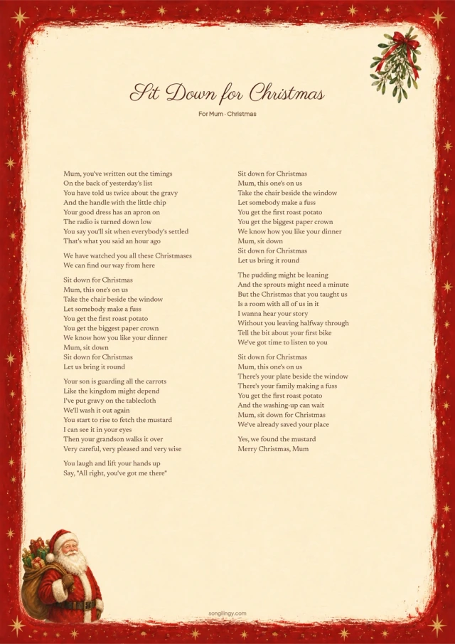 Christmas song lyrics on cream paper with Santa and mistletoe inside a red and gold border