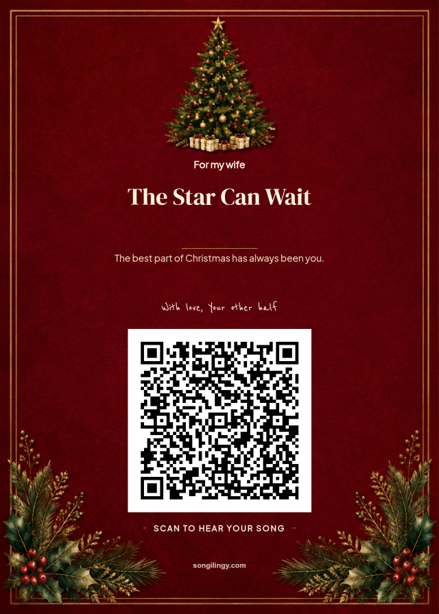 Cranberry red Christmas QR gift card with a decorated tree