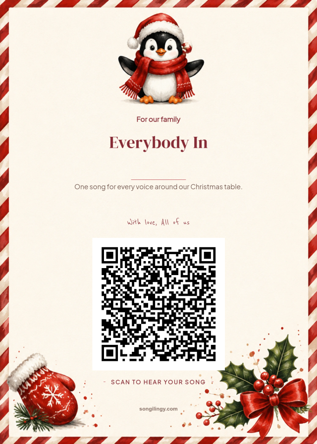 Cream Christmas QR gift card with a penguin in a red Santa hat