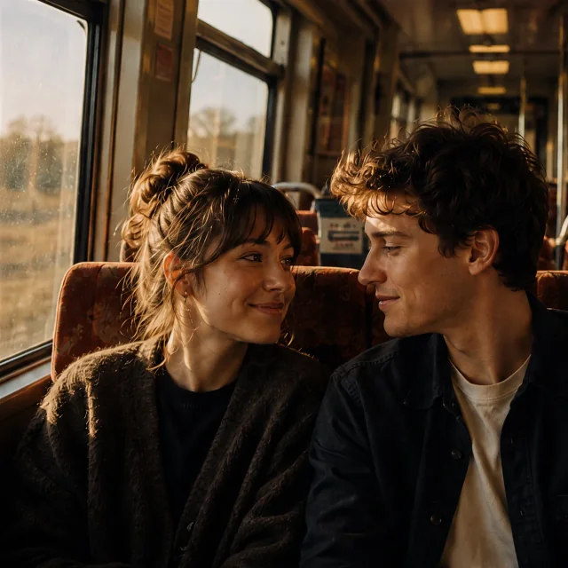 A couple lost in conversation on a sunlit train, an illustration of One More Stop