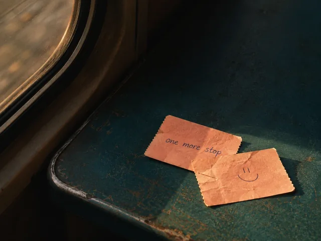 Two paper train tickets, one with a smile and the other with the words one more stop