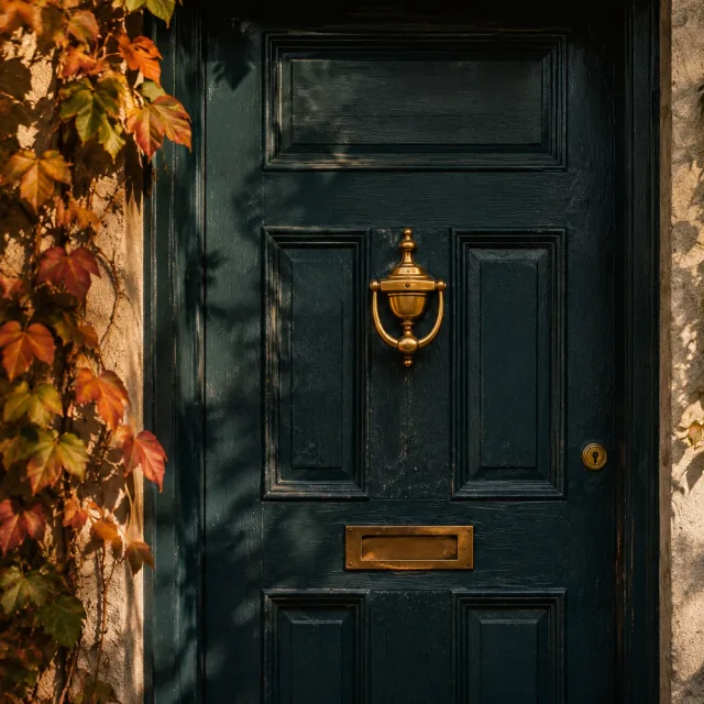A dark green front door with a brass knocker, framed by autumn leaves