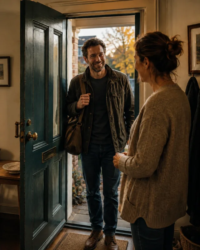 A husband arriving at the front door as his wife greets him at home