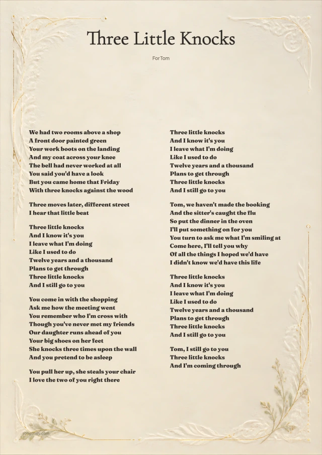 Three Little Knocks lyrics in Songilingy's Timeless Vow print design