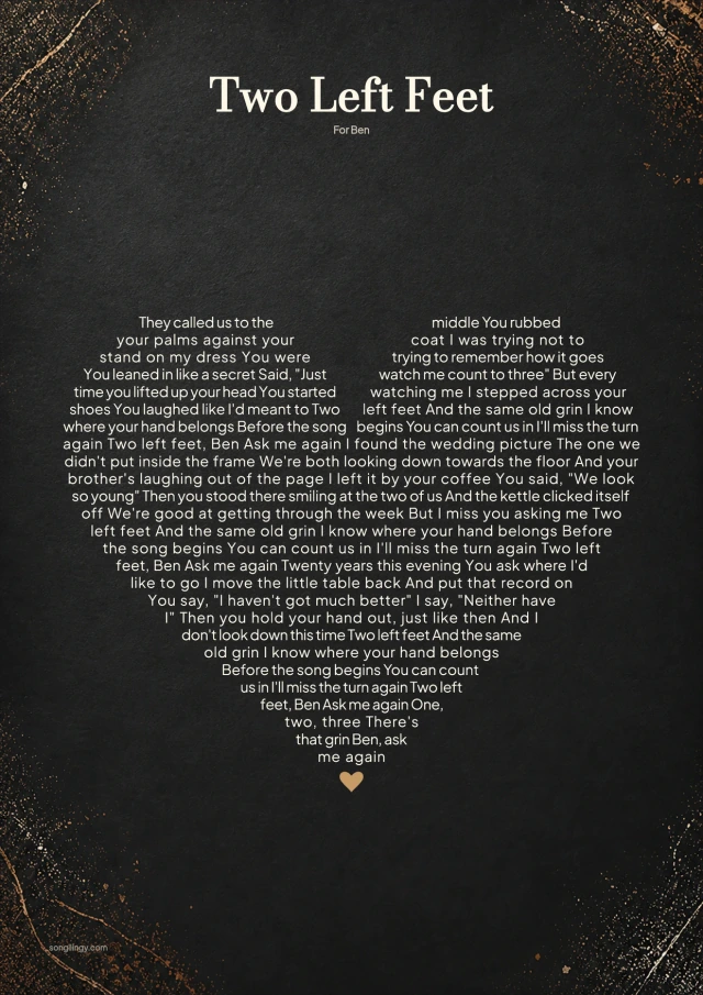 Two Left Feet lyrics in a heart-shaped Songilingy print design