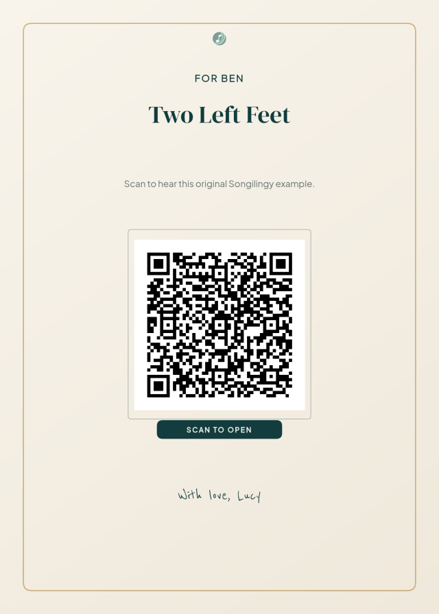 Printable QR card that opens the Two Left Feet song example