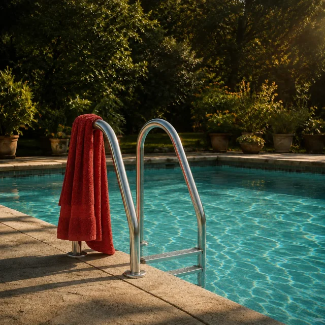 A red towel hanging from the ladder of an outdoor swimming pool in summer sunlight