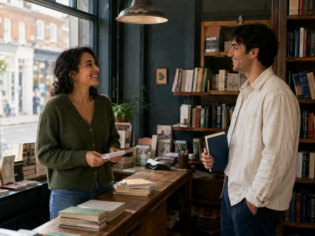 A sister welcoming her younger brother into her bookshop as he holds a book beside the counter