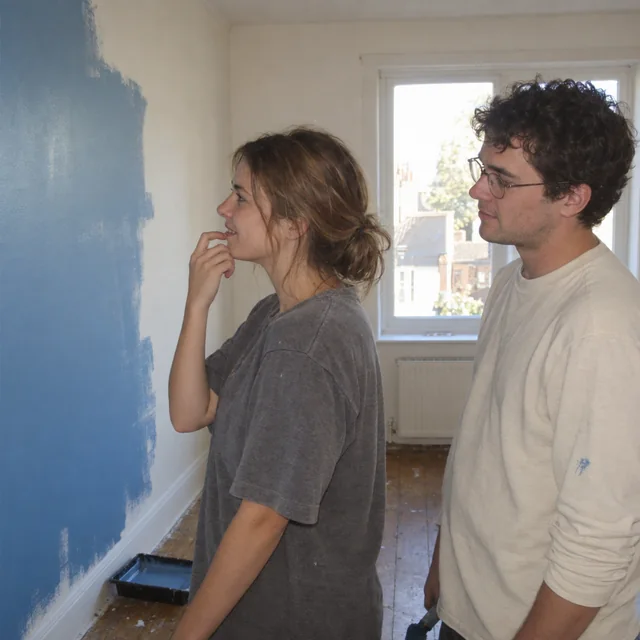 A young couple looking at a partly painted blue wall in their first flat, with blue paint on his sleeve.
