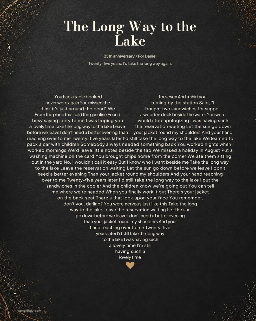The Long Way to the Lake in Songilingy's black heart-shaped lyric print design, a keepsake for a silver wedding anniversary