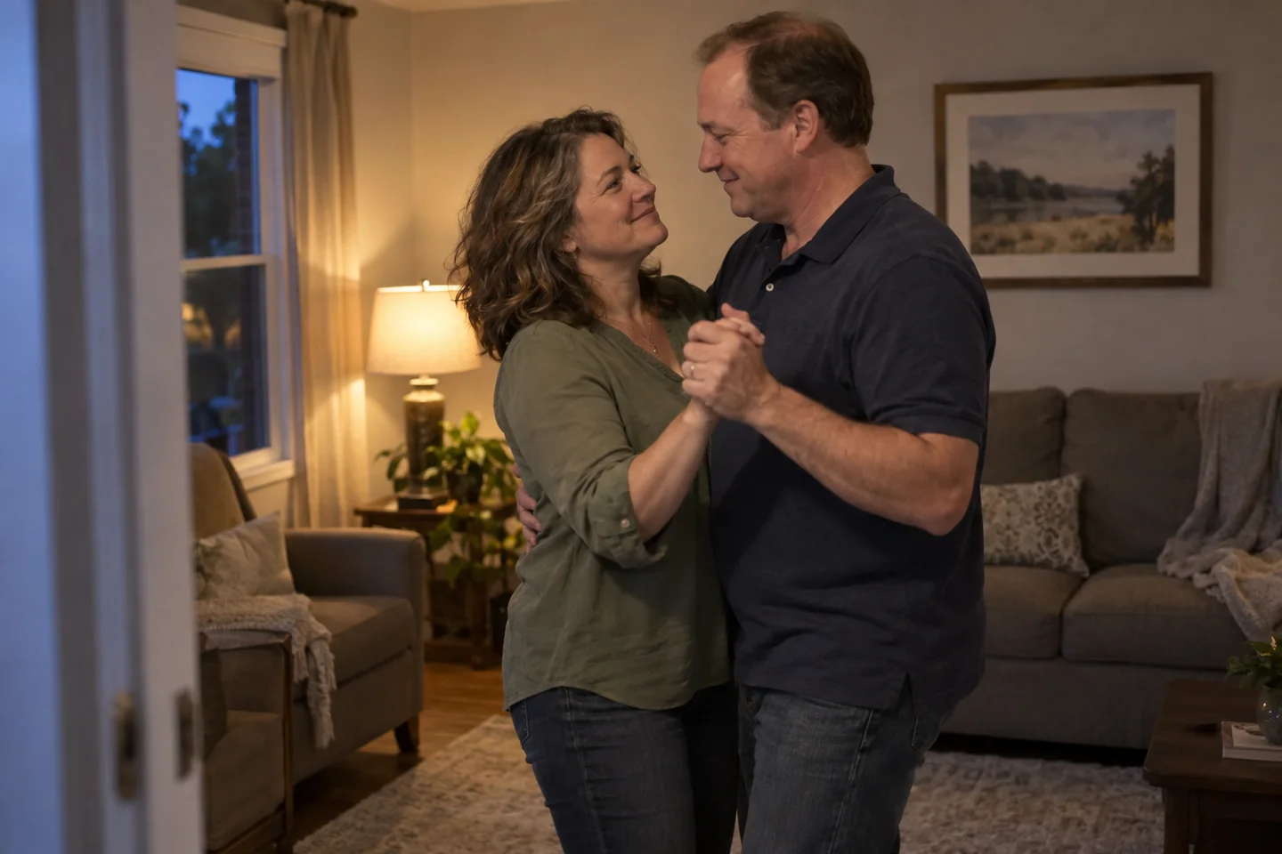 A married couple sharing a quiet dance at home, an illustration for a personal 25th anniversary song gift