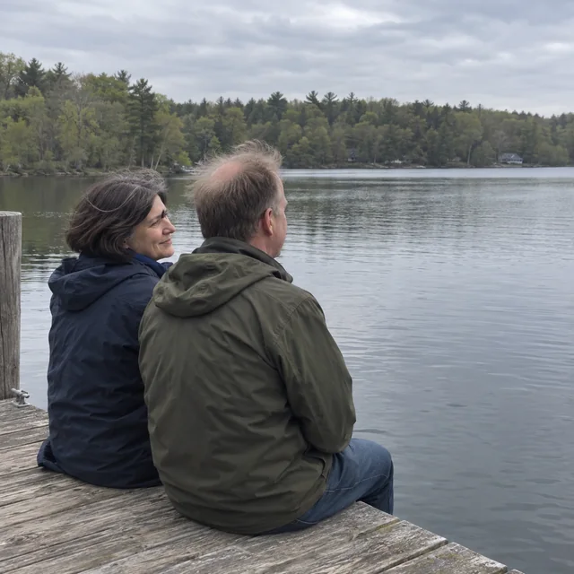 A middle-aged couple in everyday jackets sitting together on a wooden dock beside a quiet lake.