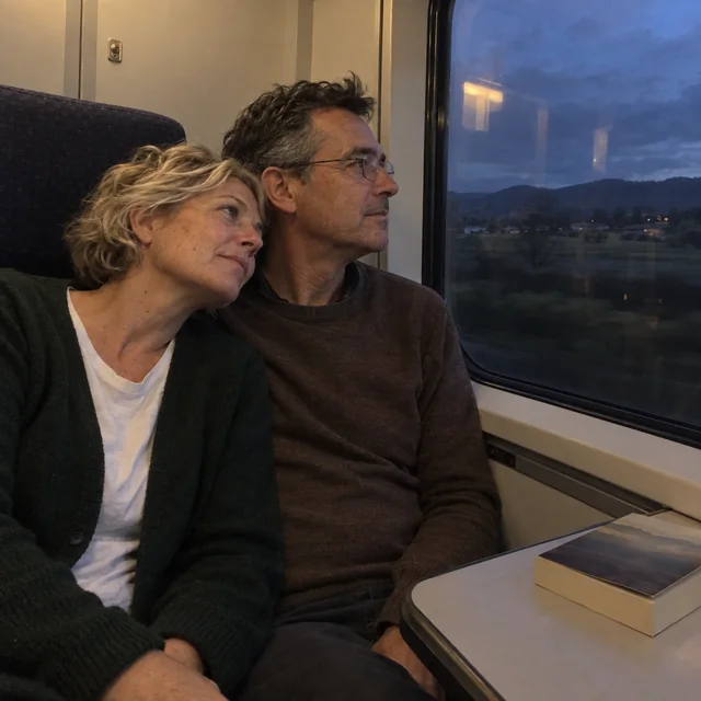 A couple resting together beside a train window as evening falls over the countryside.