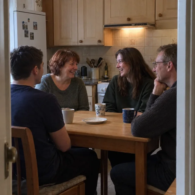 Parents and their grown daughter and son laughing together around the table in a modest family kitchen.