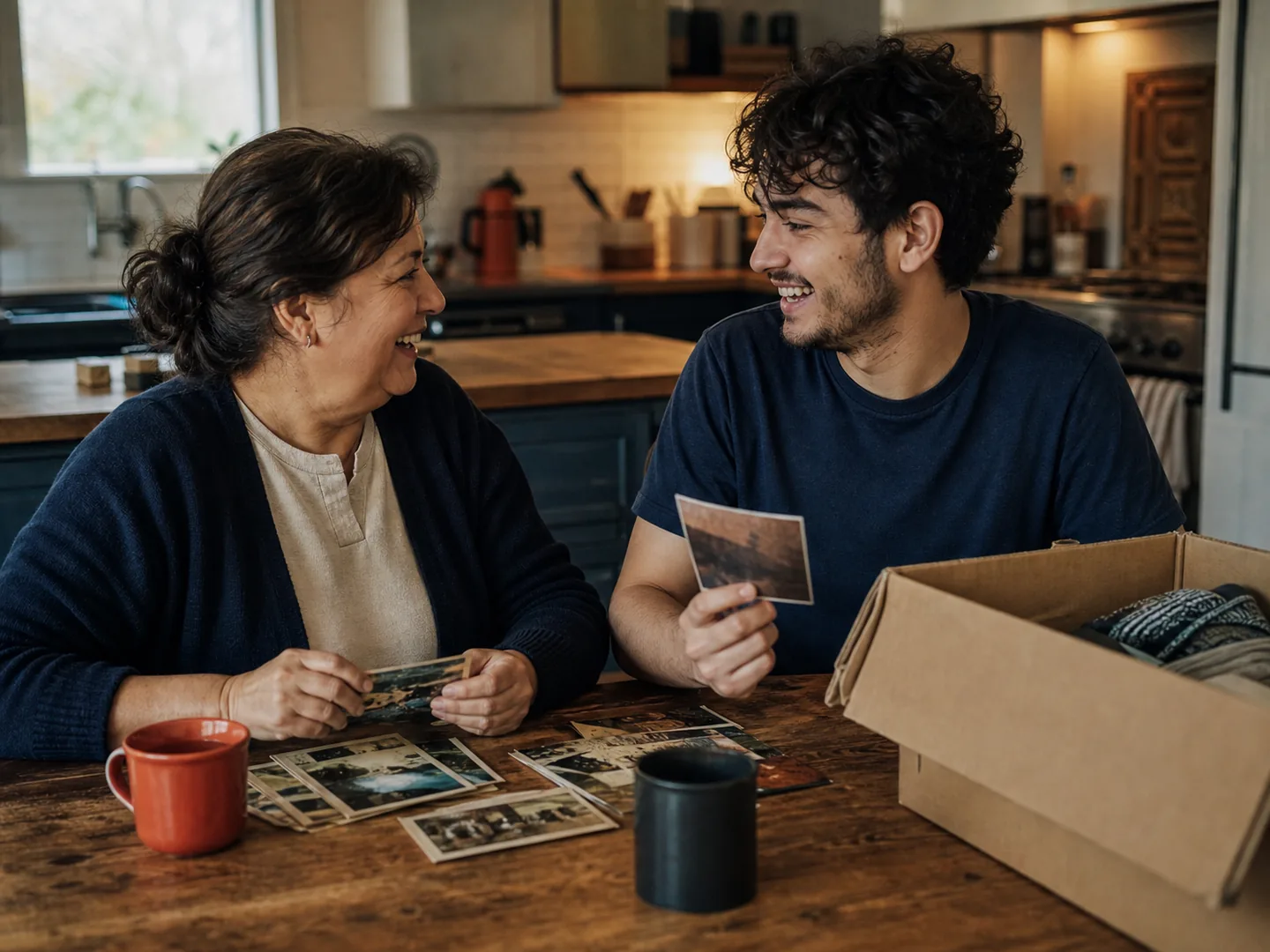 A mother and her adult son looking through family photographs while packing for a move