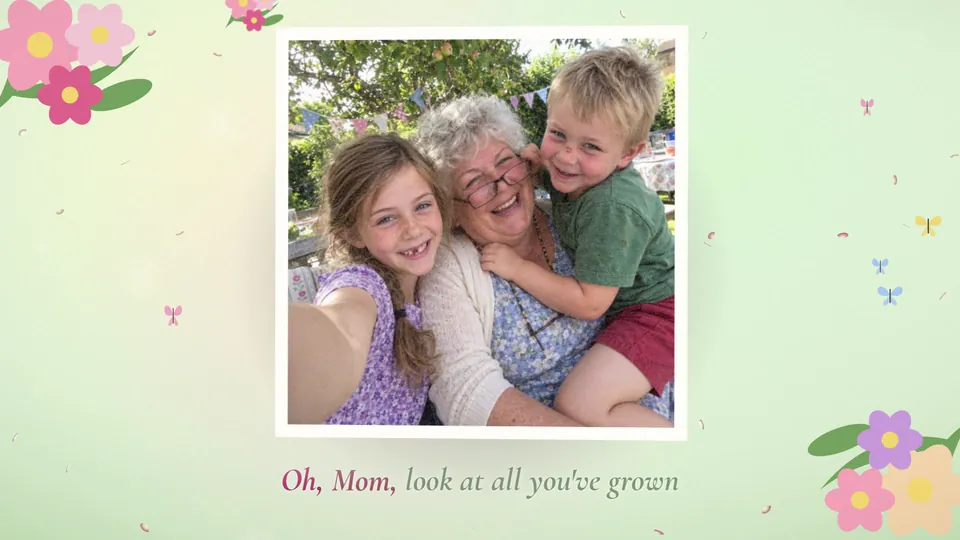 Sample personalized video gift for a mom's 60th birthday, Garden Party style